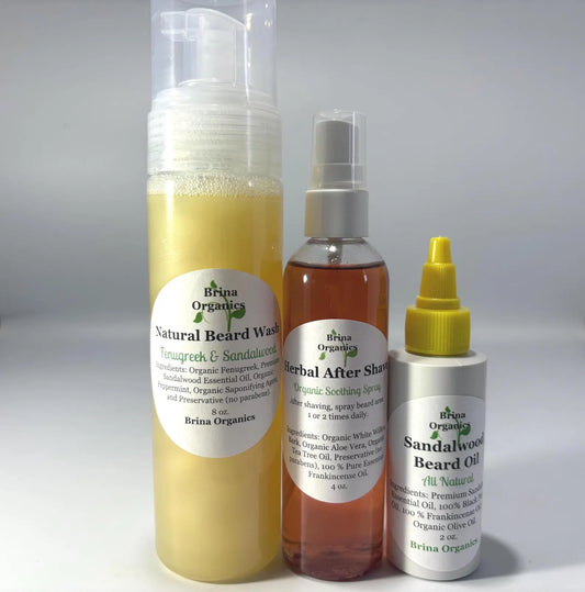 Men's Natural Beard Care Bundle: Sandalwood Oil, Wash & After Shave - Brina Organics